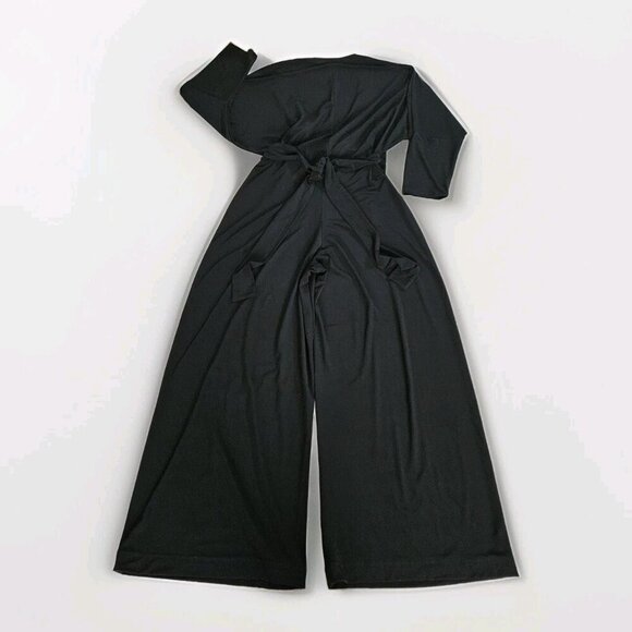 Norma Kamali Jumpsuit Women L / 40 Black Dolman LS Wrap Front Tie Waist Wide Leg - Picture 15 of 16